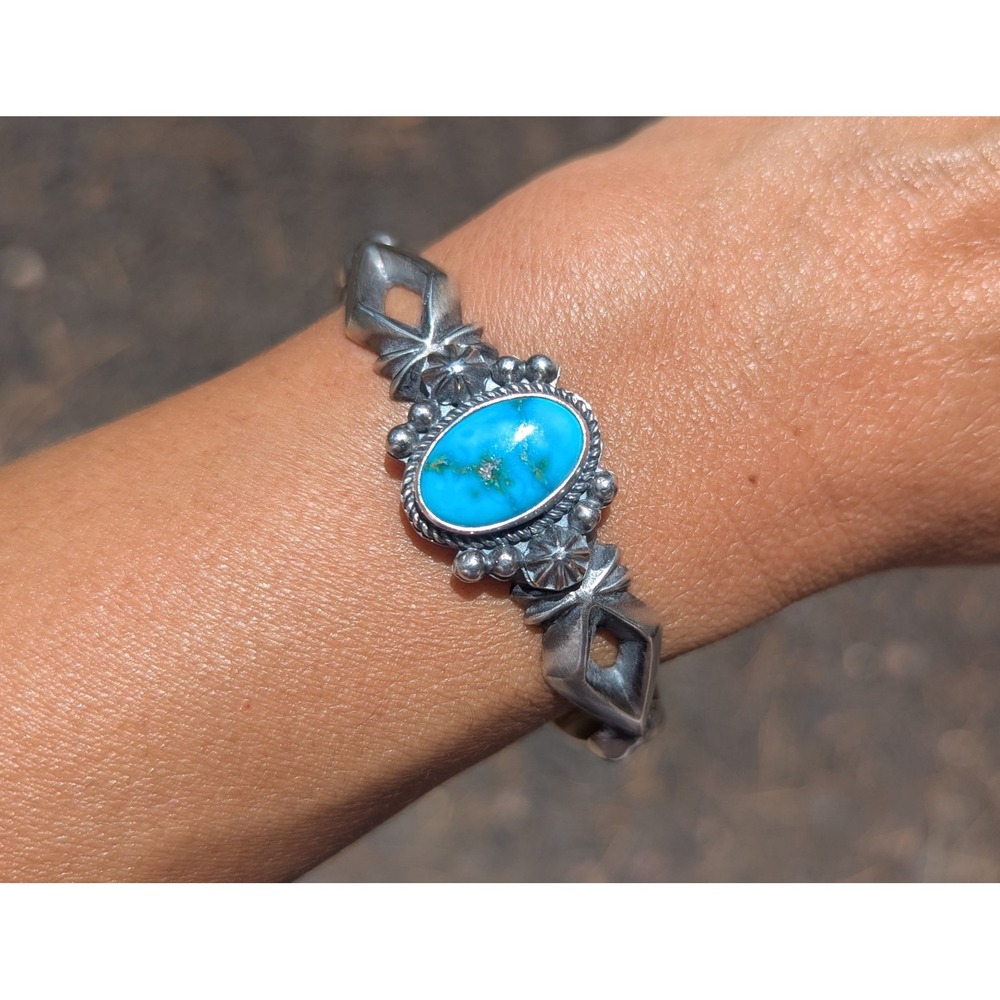 Navajo Cuff‎ Bracelet Signed Native Sonoran Turquoise Jewelry 6.75 **